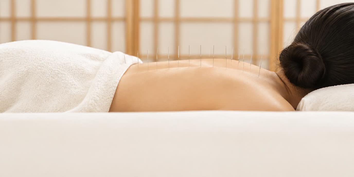 Séance d'acupuncture : aiguilles fines en net sur le dos d'une patiente allongée, serviette crème, paravent en bois miel doux en arrière-plan, lumière chaude et lumineuse, sans praticien visible.