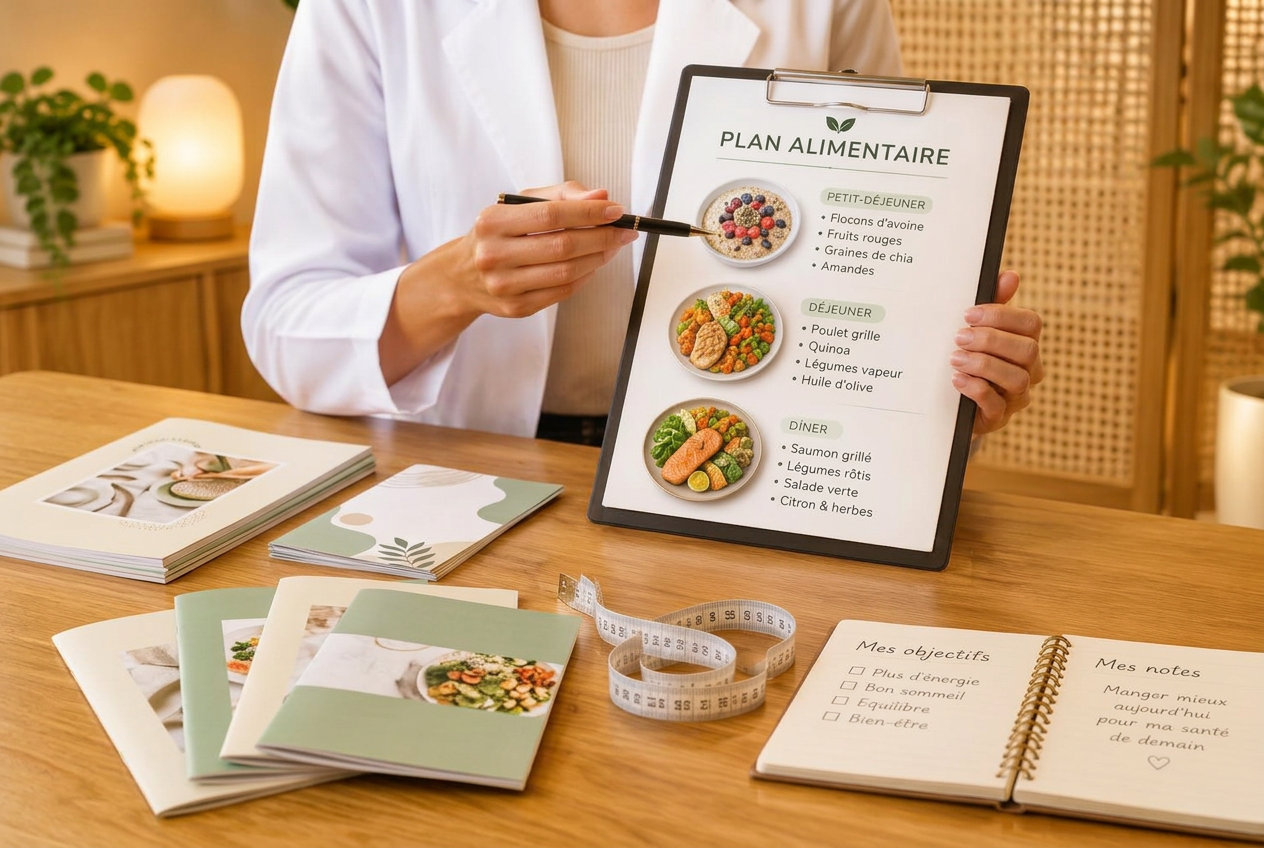 Consultation de nutrition : une nutritionniste en blouse blanche présente un plan alimentaire sur un presse-papiers, brochures sur l’alimentation sur la table en bois miel, paravent en cannage en arrière-plan, sans visage visible.